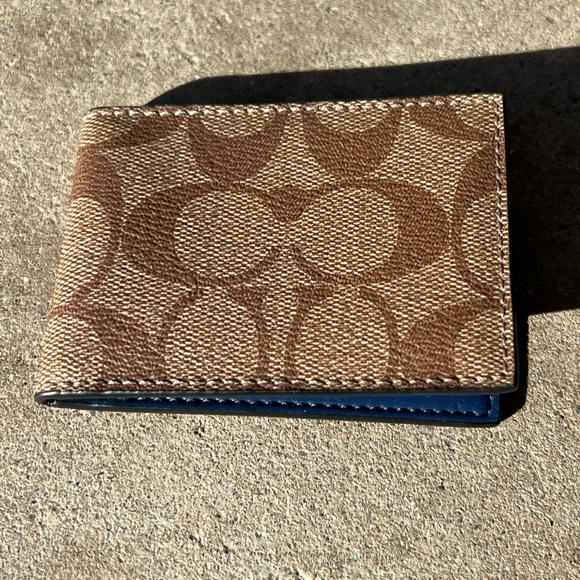 Coach Slim Clip Billfold Card Hold Wallet Brown Classic Canvas Blue Leather - Picture 2 of 12